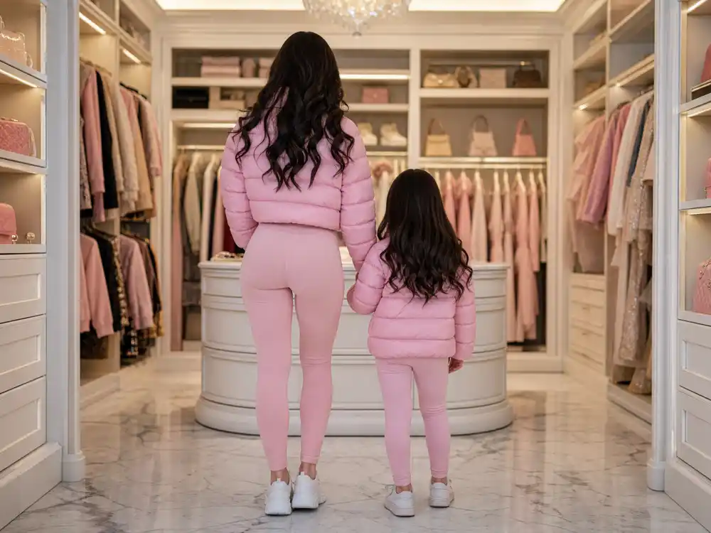 Matching pink puffer jackets on mother and daughter silhouettes from behind for celebrity daughters who look like their moms Stormi Kylie coordinated outfit mirror