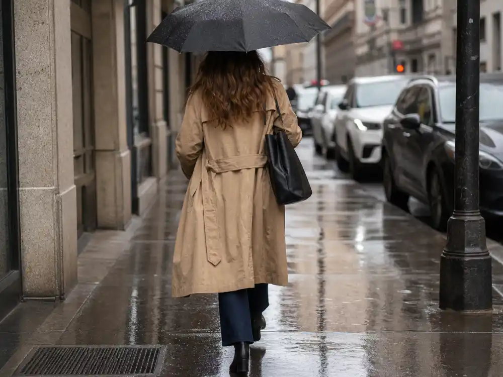 Dark indigo jeans and camel trench coat behind polished celebrity denim street style looks rainy-day formulas
