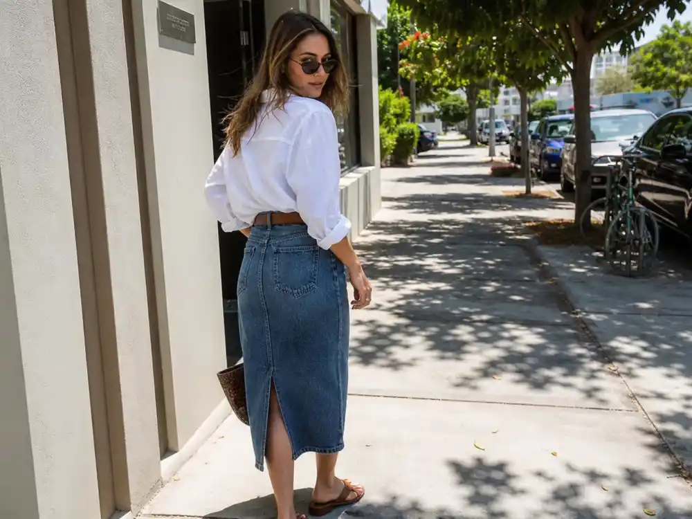 Denim midi skirt and oversized white shirt illustrating celebrity denim street style looks warm-weather rotation