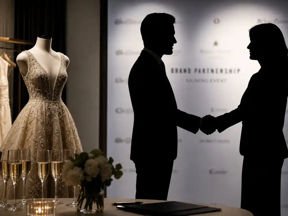 Luxury brand partnership signing at designer showroom with couture on mannequin defining corporate side of celebrity designer brand ambassadors 2026 contracts