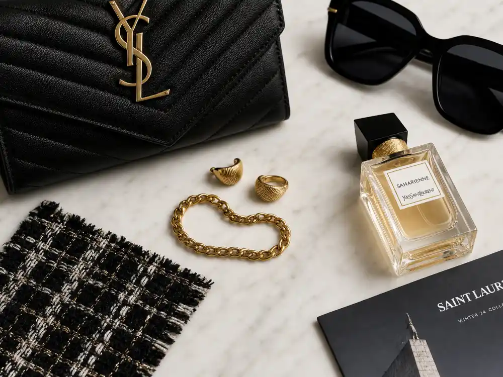 Designer handbag jewelry and perfume flat lay for ambassador campaign shoot capturing accessory codes celebrity designer brand ambassadors 2026 repeat on carpets