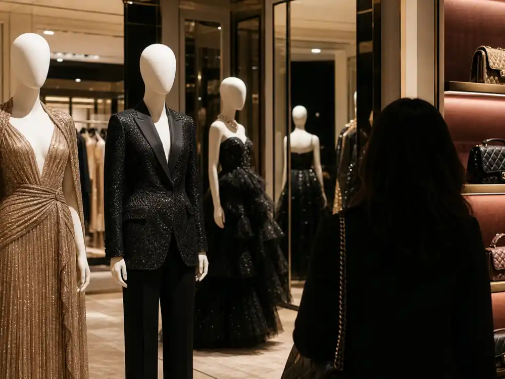 High-end designer boutique with couture mannequins and quilted handbags where celebrity designer brand ambassadors 2026 source fittings and campaign wardrobes