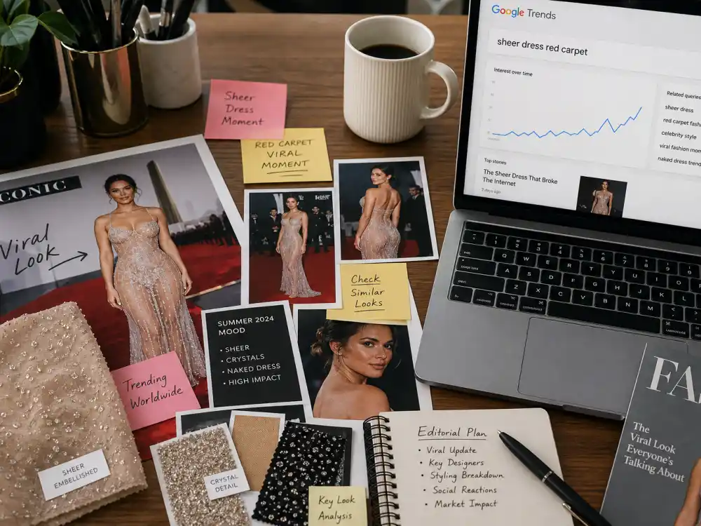 Fashion editor desk with red carpet photo prints and laptop showing trending searches for celebrity fashion moments that broke the internet editorial research