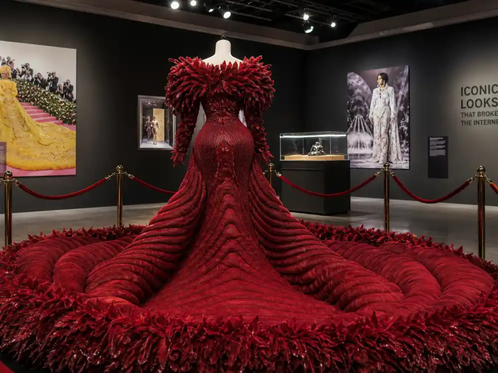 Fashion museum display of shocking avant-garde red carpet gown on mannequin representing meme-worthy celebrity fashion moments that broke the internet archive