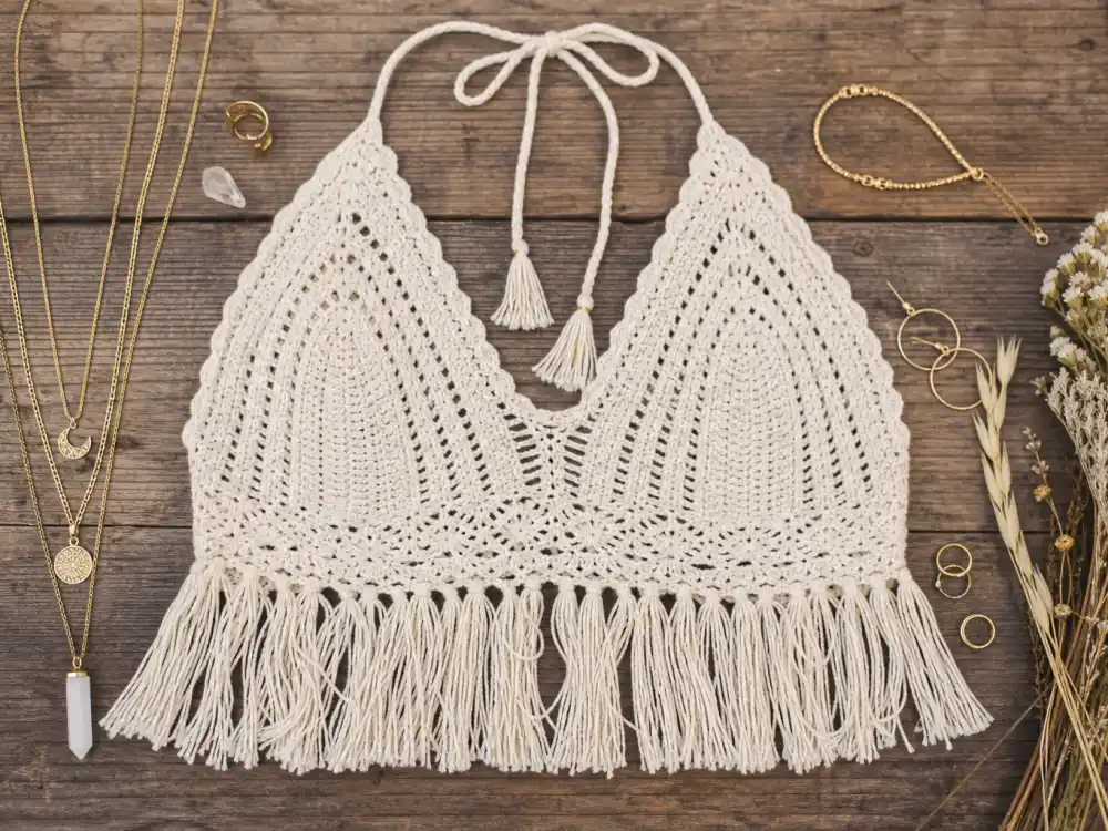 Cream crochet fringe crop top and layered gold jewelry flat lay defining celebrity festival fashion summer 2026 boho texture foundation