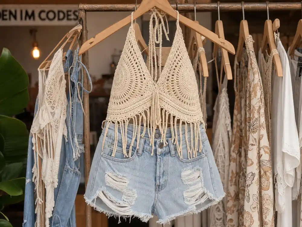 Distressed high-waisted denim shorts and crochet halter on boutique rack illustrating celebrity festival fashion summer 2026 denim silhouette codes