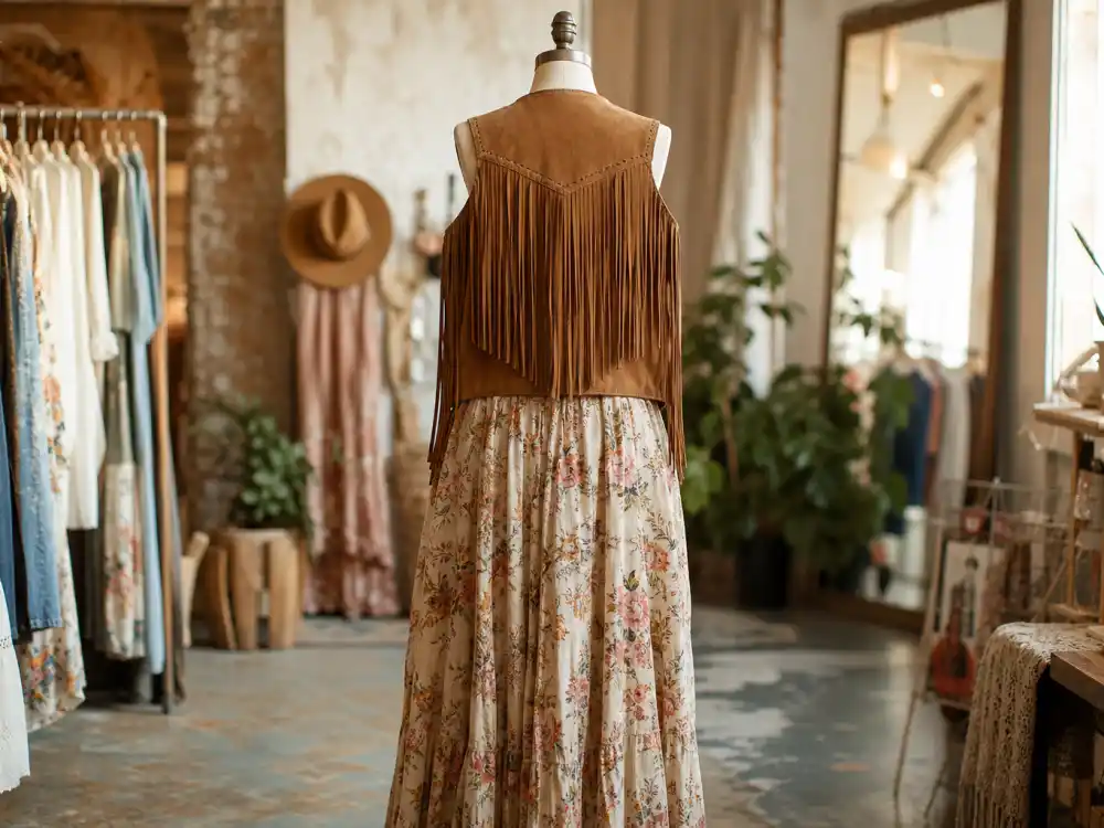 Suede fringe vest and floral maxi skirt on dress form from behind showing celebrity festival fashion summer 2026 flowing bohemian silhouette rotation