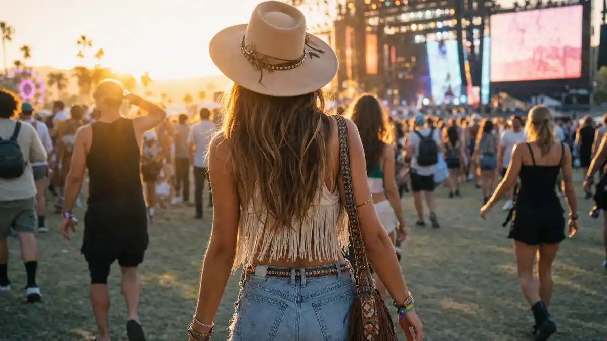 Celebrity festival fashion summer 2026 — anonymous woman from behind in crochet fringe crop top denim shorts suede boots and wide-brim hat at desert music festival with stage lights