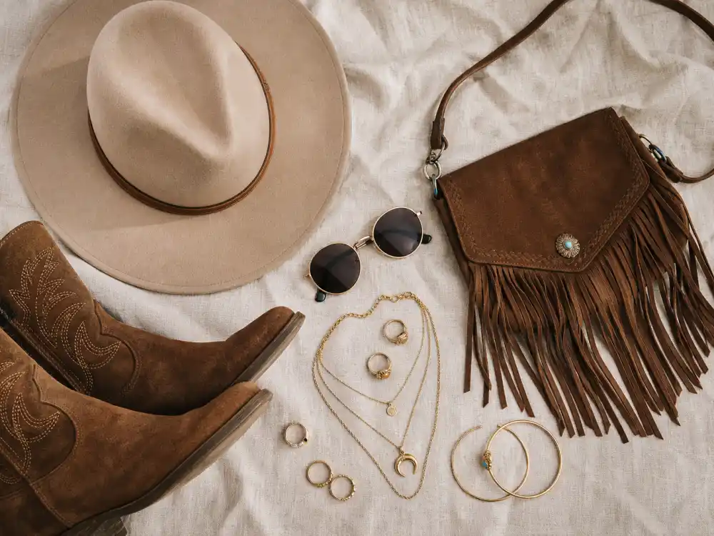 Wide-brim felt hat brown suede cowboy boots fringe crossbody bag and gold jewelry flat lay finishing celebrity festival outfit guide women accessory stacking rules