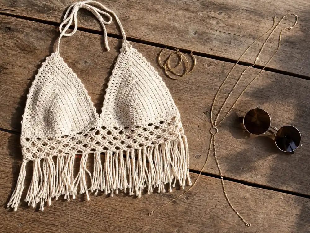 Cream crochet fringe crop top and layered gold jewelry flat lay defining celebrity festival outfit guide women boho texture foundation