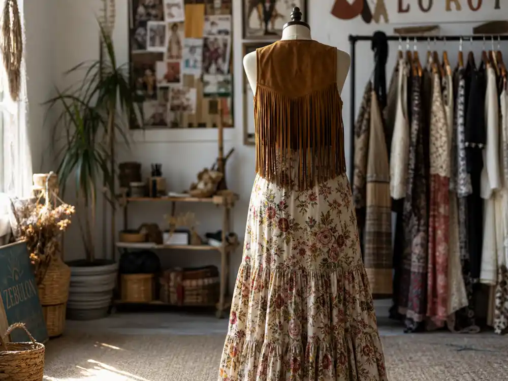 Floral maxi skirt and suede fringe vest on dress form from behind showing celebrity festival outfit guide women flowing bohemian silhouette rotation