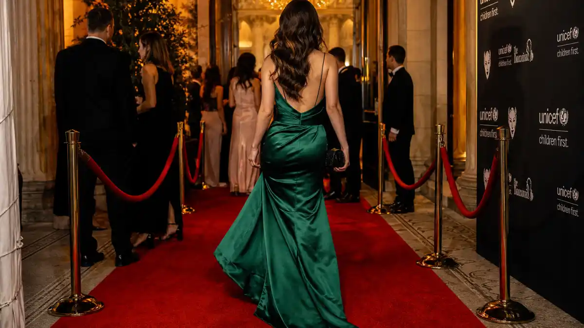 Celebrity gala dress inspiration — anonymous woman from behind in emerald satin floor-length gown with train walking formal charity gala red carpet with velvet ropes and chandelier ballroom entrance
