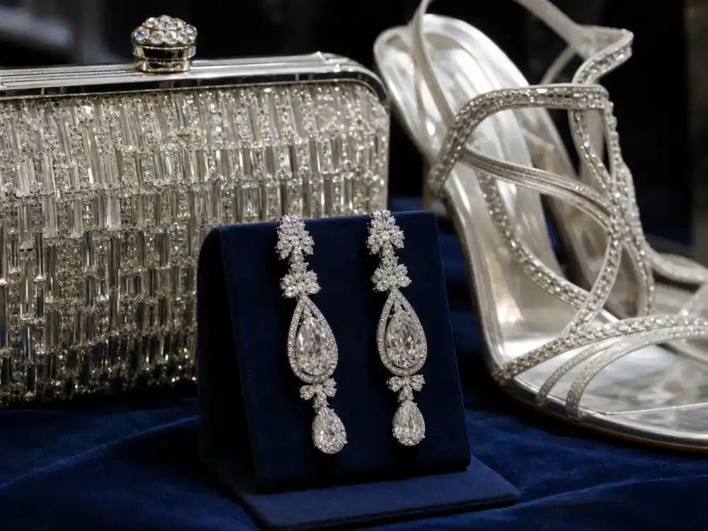 Diamond drop earrings crystal clutch and strappy silver heels arranged on velvet display completing celebrity gala dress inspiration accessory styling for charity galas