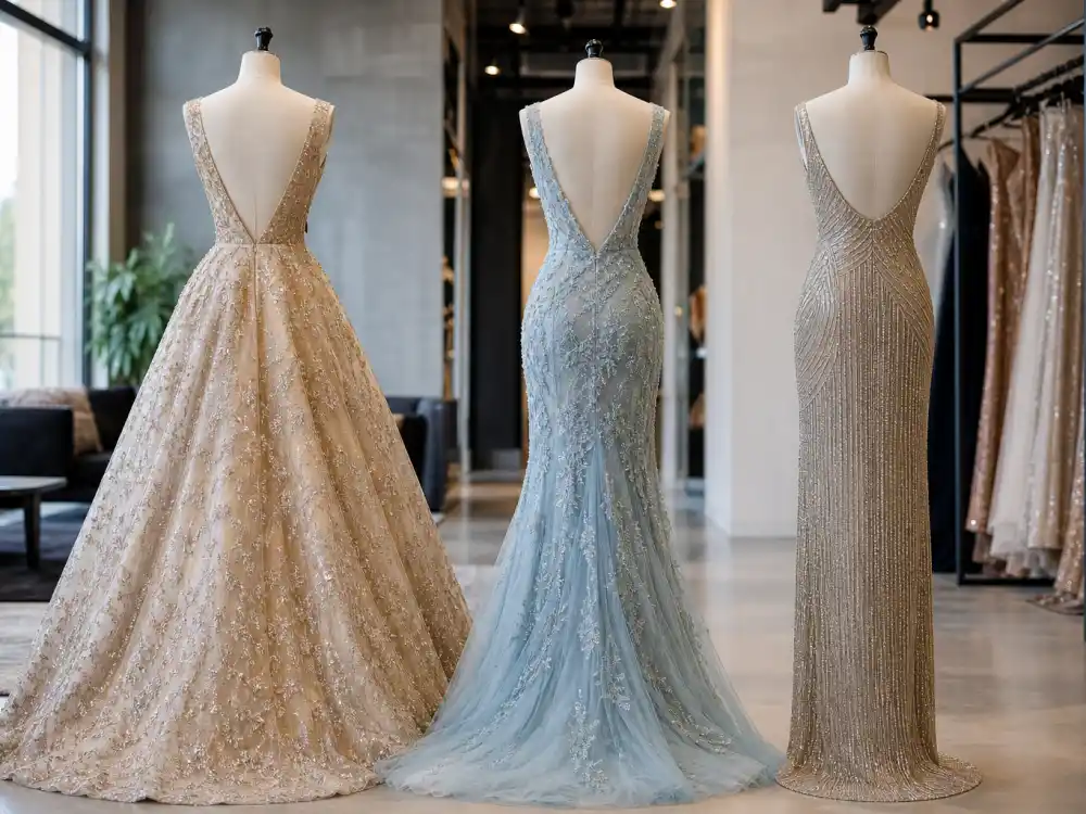 Three dress forms from behind showing ballgown column and mermaid gala silhouettes defining celebrity gala dress inspiration proportion codes for formal events