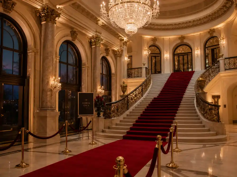 Grand ballroom gala staircase with red carpet runner and crystal chandelier ready for celebrity gala dress inspiration arrivals at formal charity events