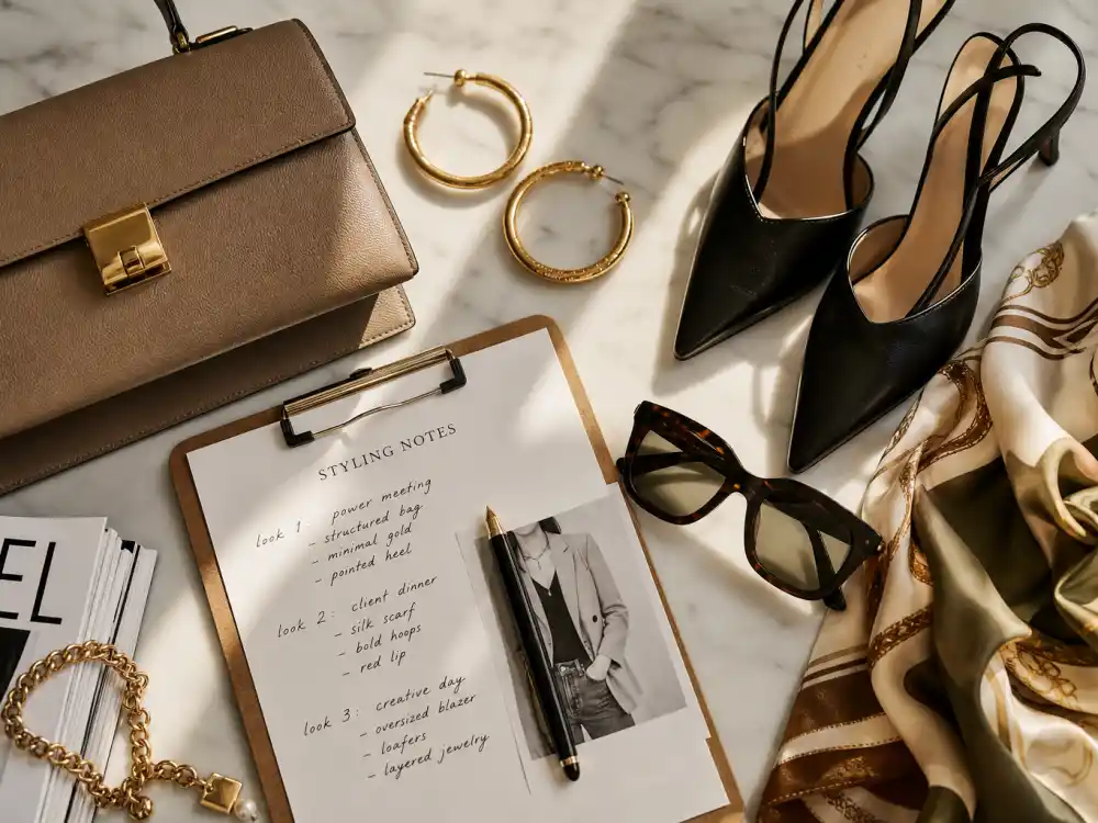 Accessory flat lay celebrity get the look stylist tips with structured bag gold hoops pointed heels and styling notes for premiere translation
