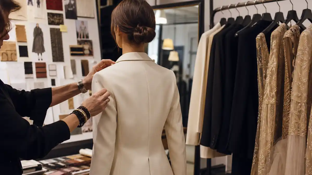 Celebrity get the look stylist tips — professional stylist adjusting tailored blazer on anonymous client in fitting room with mood board and gown rack