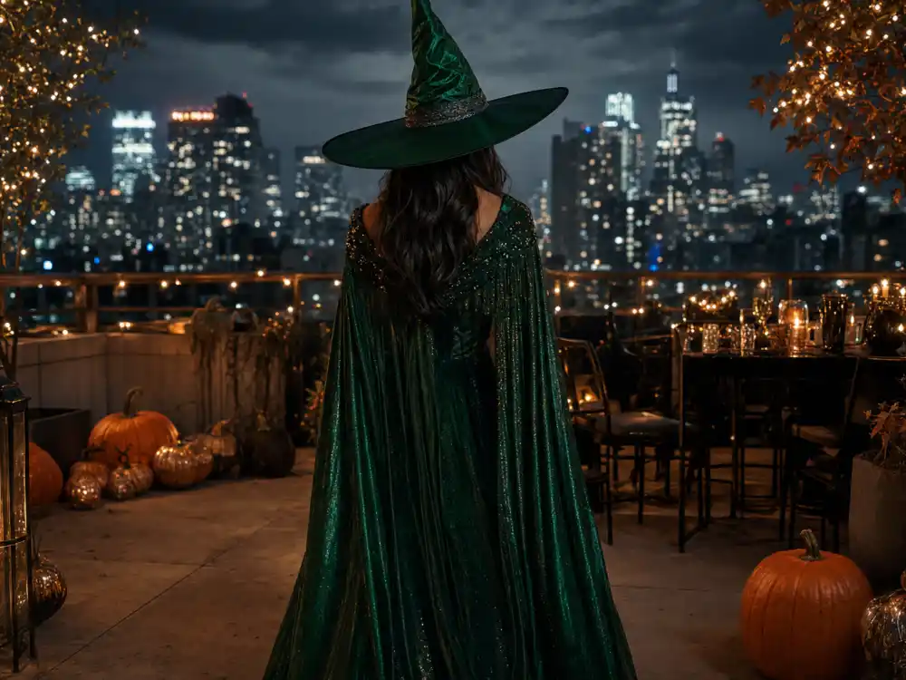 Anonymous woman from behind in emerald witch costume with wide brim hat and flowing cape at upscale Halloween rooftop party for celebrity Halloween costumes 2026