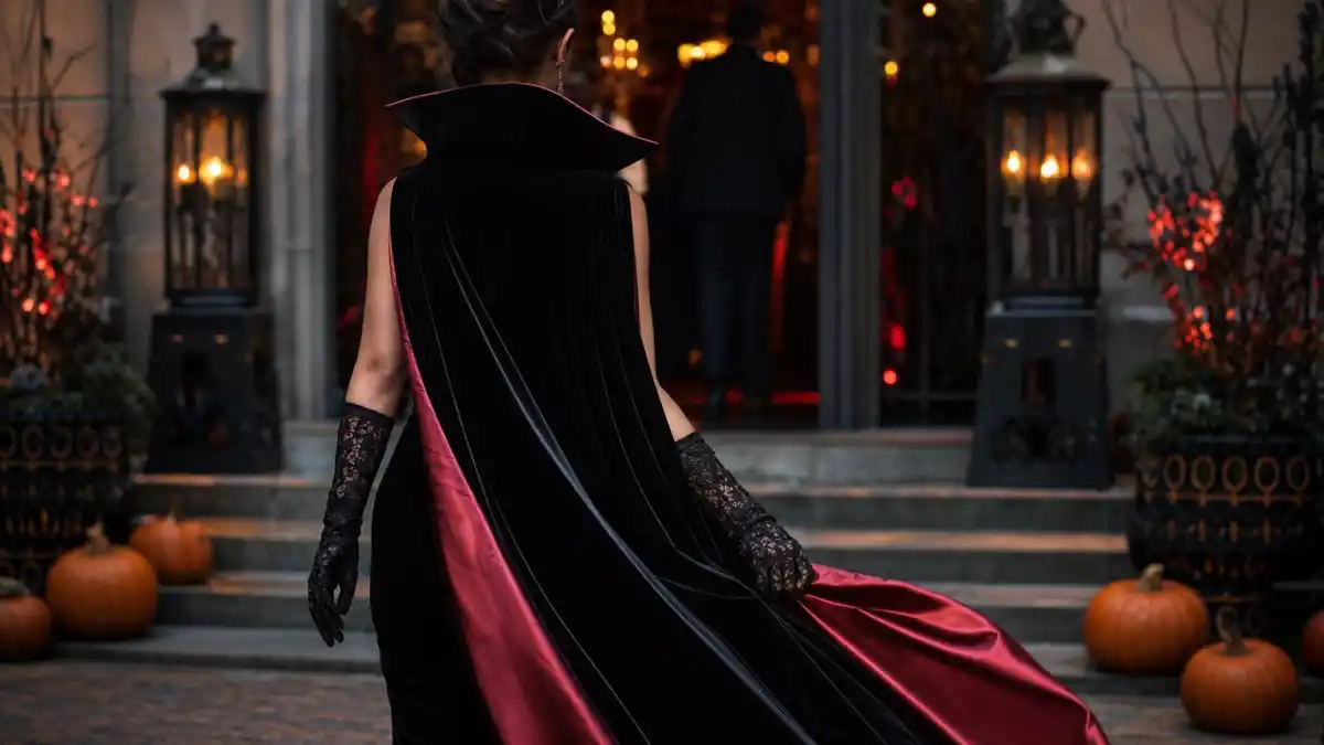 Celebrity Halloween costumes 2026 — anonymous woman from behind in black velvet vampire cape with red satin lining and lace gloves at upscale party entrance