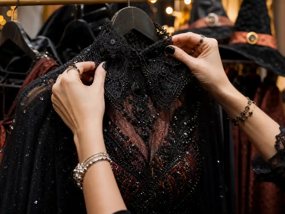 Stylist hands adjusting black lace collar on glamorous Halloween party dress with sequin details for celebrity Halloween costumes 2026 wardrobe prep