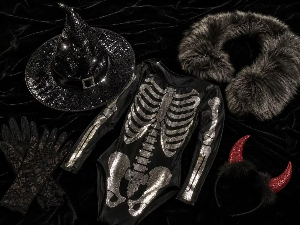 Creative celebrity Halloween costumes 2026 flat lay with sequined witch hat metallic bodysuit faux fur collar and glitter devil horns on velvet