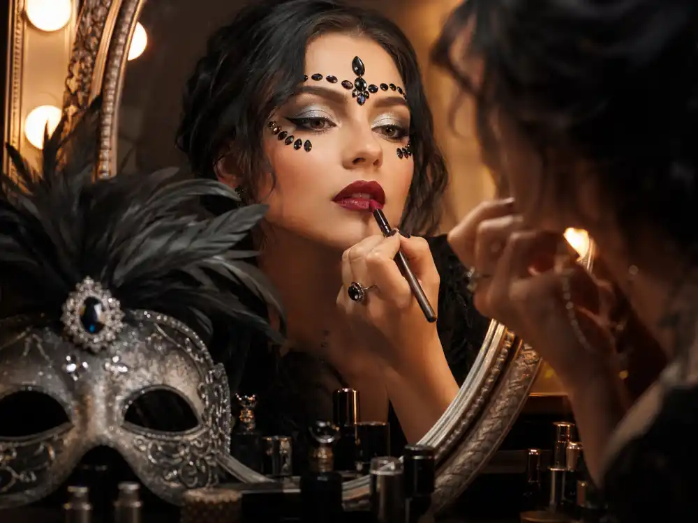 Spooky glamour Halloween makeup station with silver glitter eyeshadow black rhinestone face gems and feathered masquerade mask defining celebrity Halloween costumes 2026 beauty codes