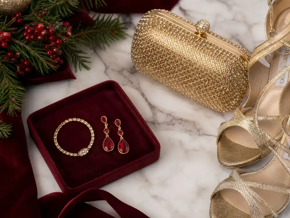 Ruby drop earrings gold crystal minaudiere strappy gold heels and bracelet flat lay completing accessory stacking rules for celebrity holiday party outfits 2026 festive finishing touches