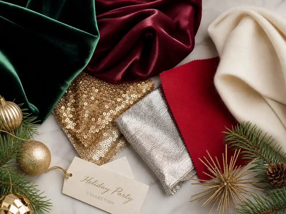 Emerald green velvet burgundy satin gold sequin silver metallic cherry red and ivory cashmere fabric swatches flat lay illustrating 2026 color palette trends in celebrity holiday party outfits 2026 winter dressing