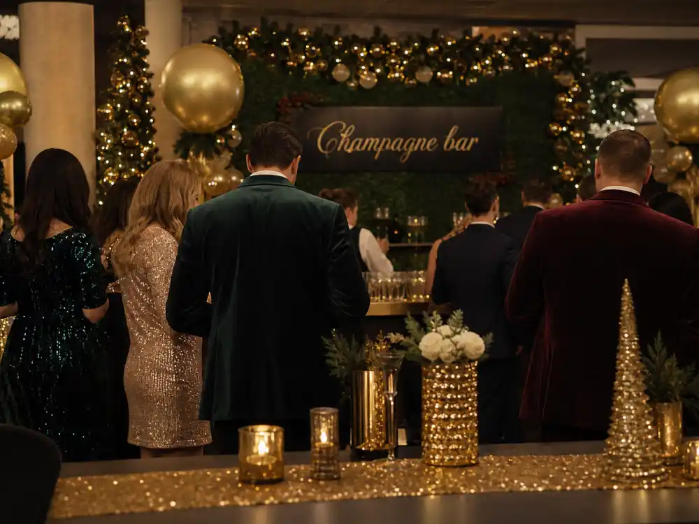 Upscale holiday party venue with champagne bar Christmas garland gold balloon accents sequin table runners and anonymous guests from behind in velvet evening wear defining celebrity holiday party outfits 2026 setting