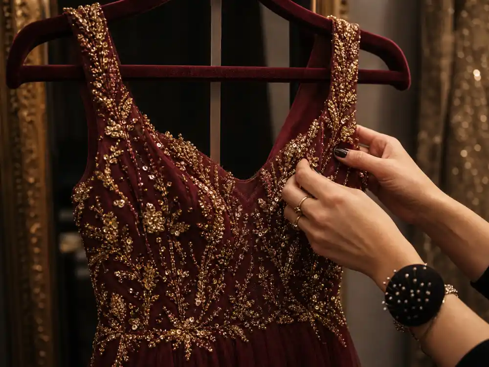 Stylist hands adjusting gold sequin beading on burgundy holiday party dress bodice showing couture construction behind celebrity holiday party outfits 2026 atelier craftsmanship