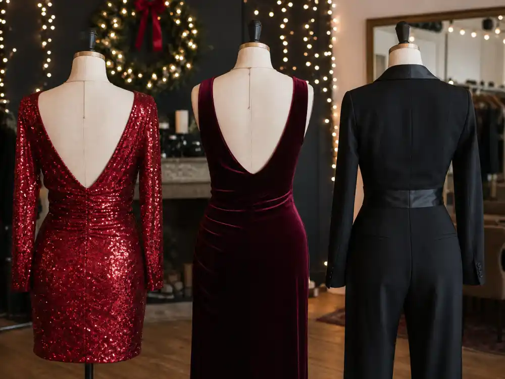 Three holiday party dress silhouettes on dress forms from behind showing red sequin mini emerald velvet column and black tuxedo jumpsuit shapes defining celebrity holiday party outfits 2026 proportion codes