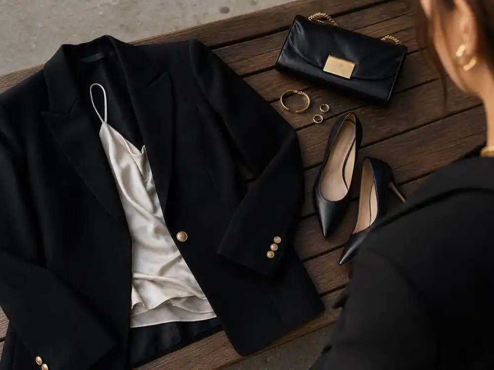 Power blazer celebrity inspired outfits for women with tailored jacket wide-leg trousers and pointed heels on city crosswalk back angle