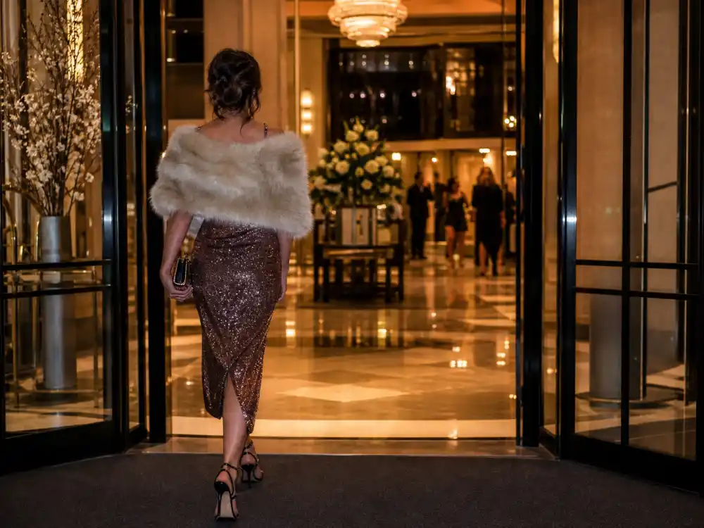 Evening celebrity inspired outfits for women with champagne column dress and minimal jewelry on red carpet from behind for gala recreation