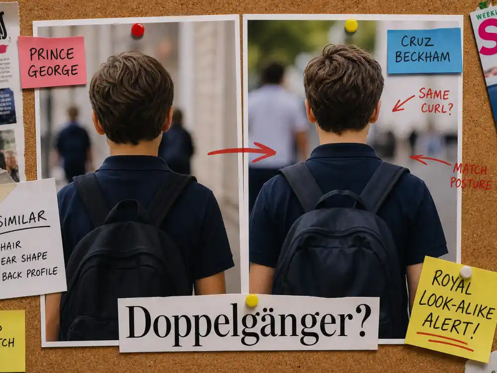 Cork board split-frame silhouette collage with editorial markup for celebrity kids doppelganger photos side by side magazine layout trend