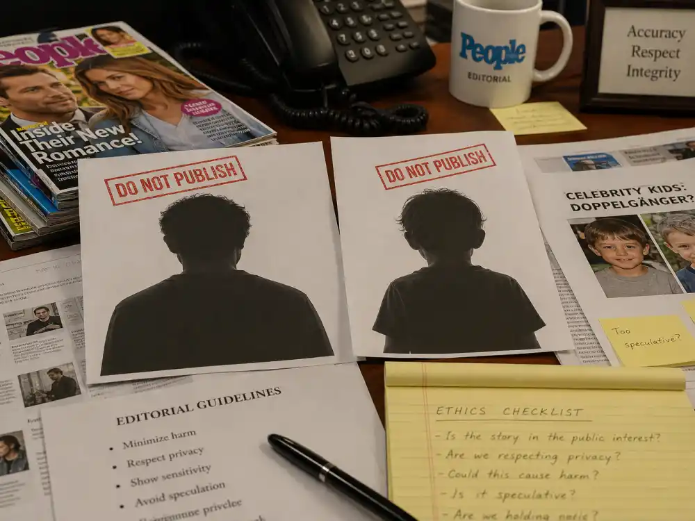 Entertainment editor desk with do not publish stamp on back-view silhouette printouts for celebrity kids doppelganger photos side by side ethics journalism standard