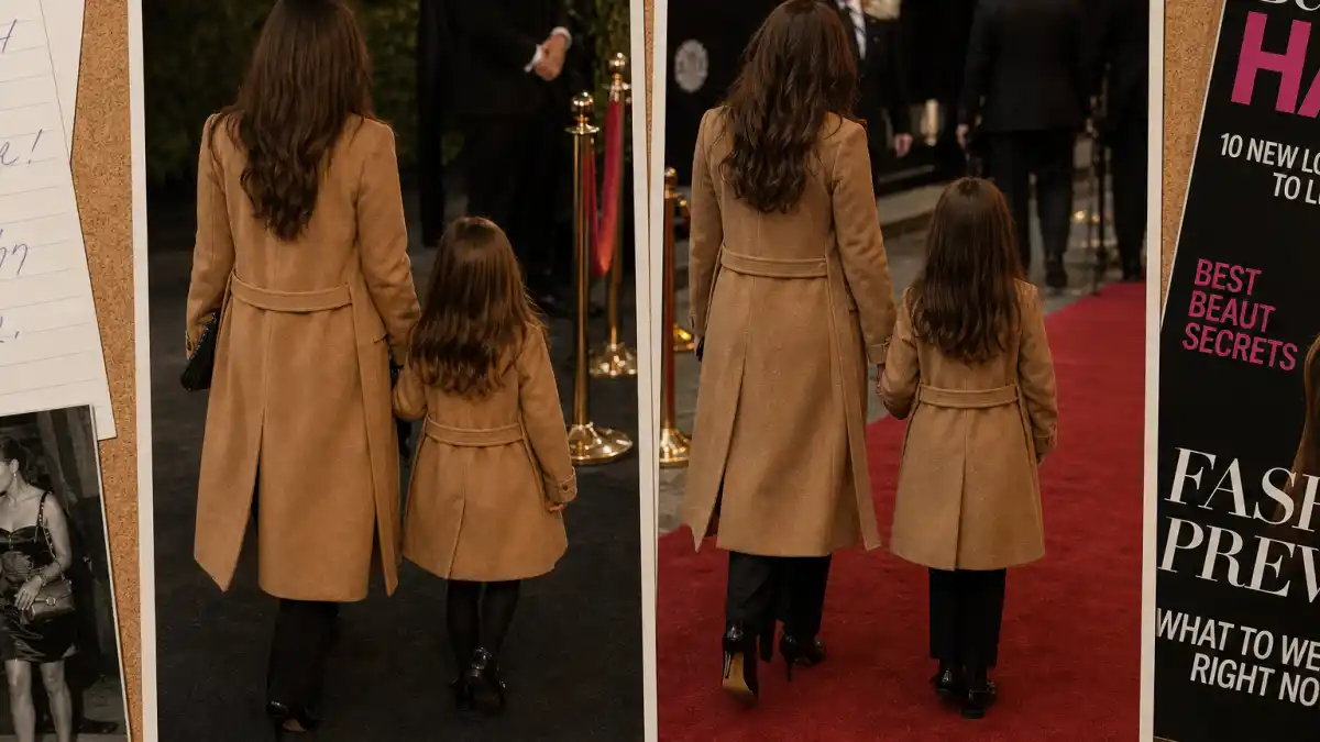 Celebrity kids doppelganger photos side by side — split-frame back-view silhouettes in matching camel coats on editorial cork board collage without faces