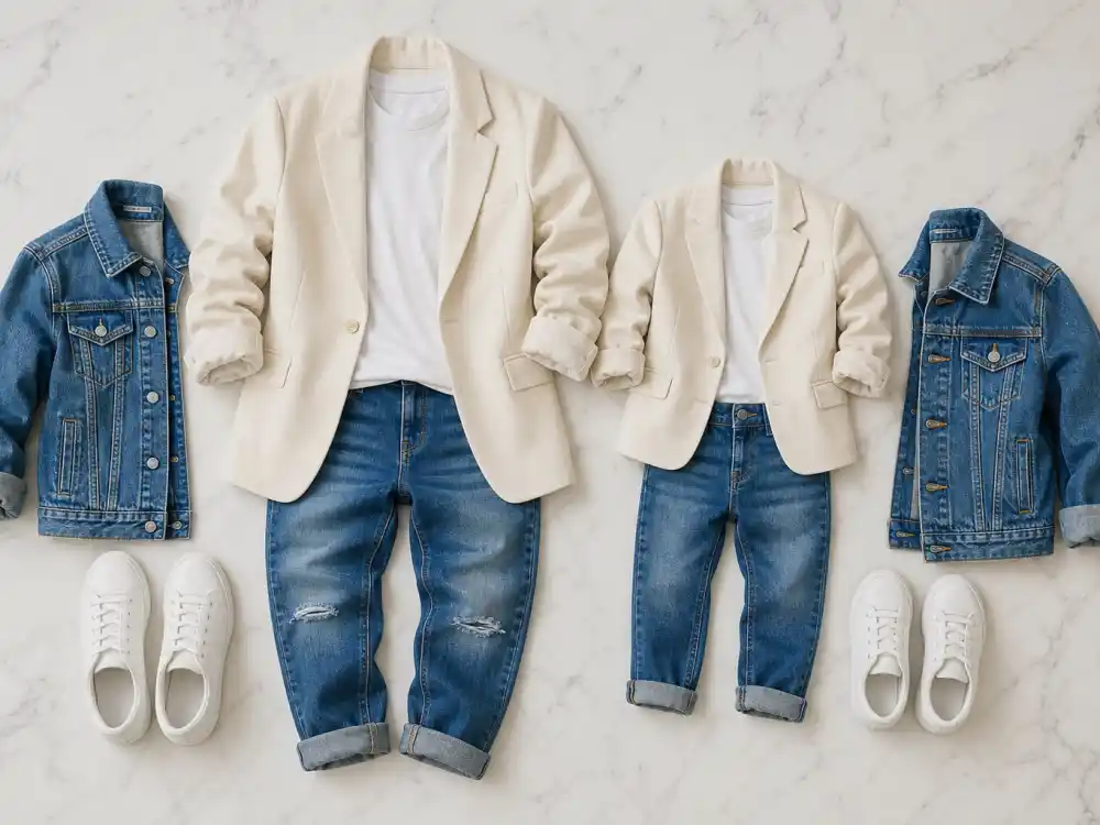 Matching cream blazers and white sneakers flat lay wardrobe mirror for celebrity kids doppelganger photos side by side outfit parallels not face matching