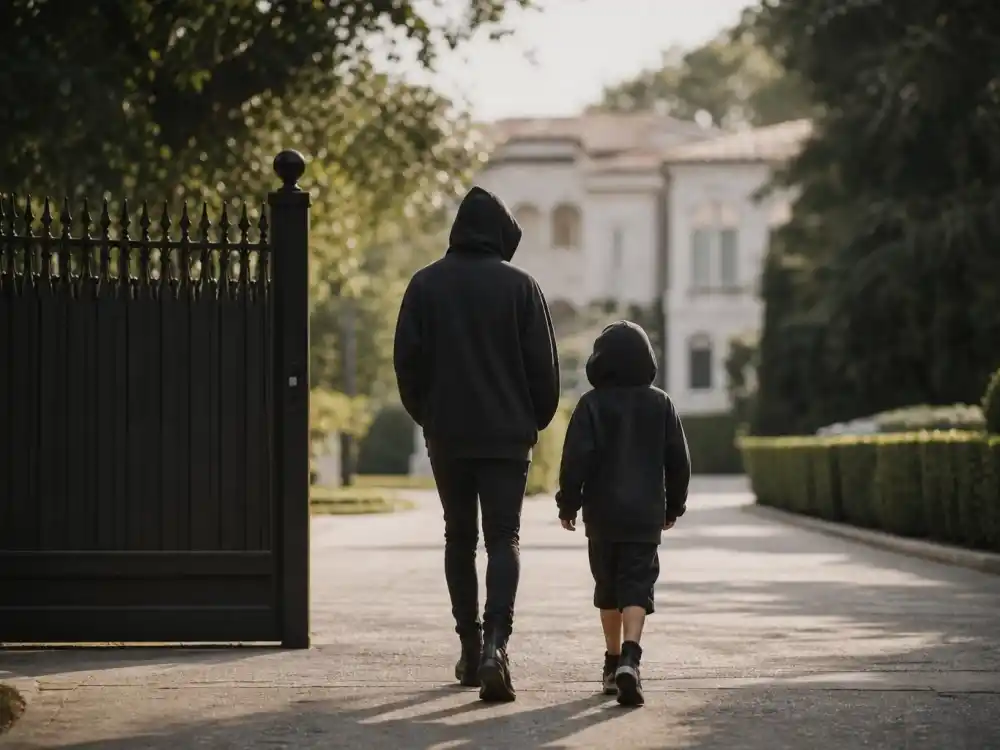 Estate privacy gate with hooded parent and child from behind only for celebrity kids doppelganger photos side by side minor protection editorial