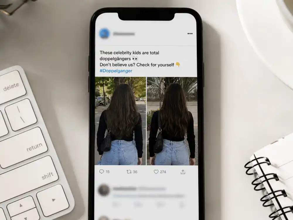Smartphone social feed with back-view silhouette thumbnails for celebrity kids doppelganger photos side by side viral trend editorial without face grids