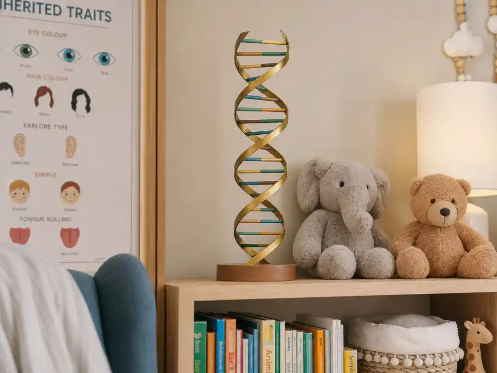 DNA double helix nursery decor beside soft toys for celebrity kids inherited features genetics inherited blueprint editorial