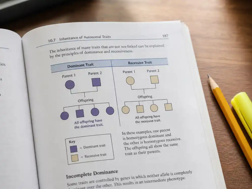 Dominant and recessive trait diagram in open genetics textbook for celebrity kids inherited features genetics science-lite explainer
