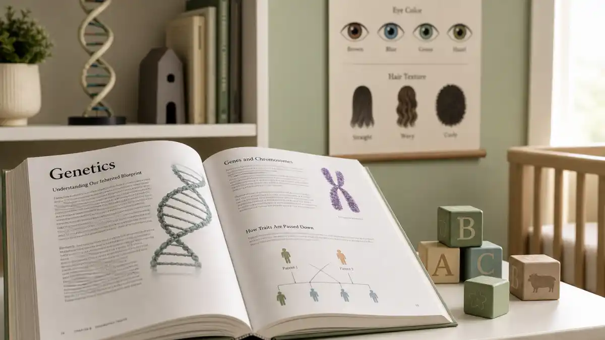 Celebrity kids inherited features genetics — open genetics textbook on nursery table with DNA helix decor and inherited traits chart without faces