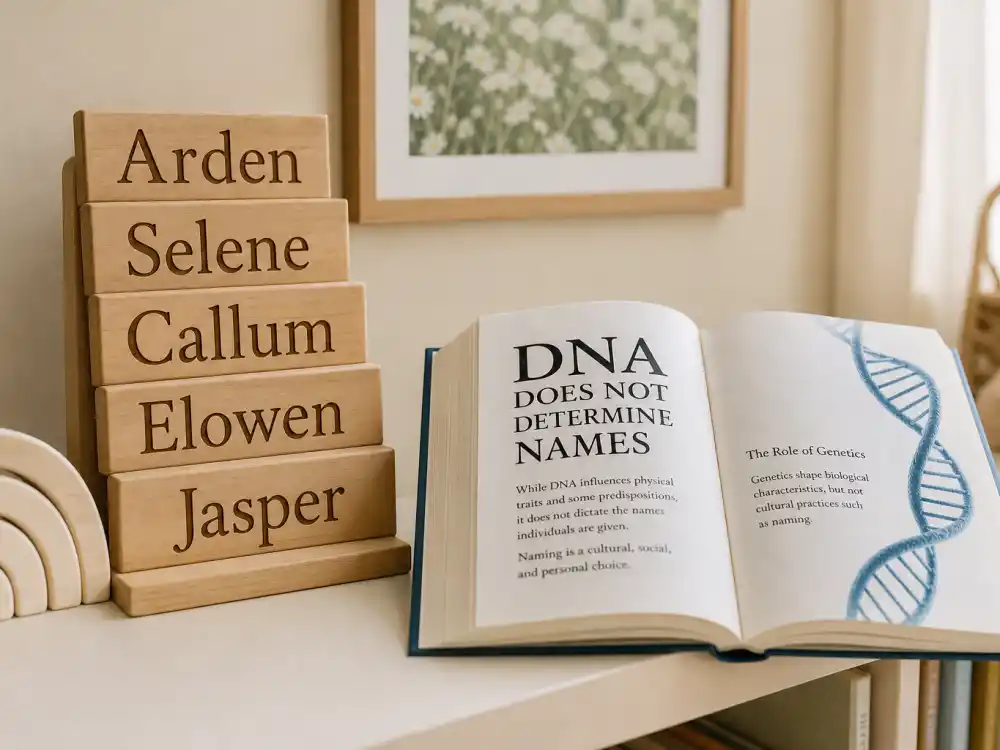 Wooden name plaque blocks beside genetics book showing naming tradition versus DNA for celebrity kids inherited features genetics editorial