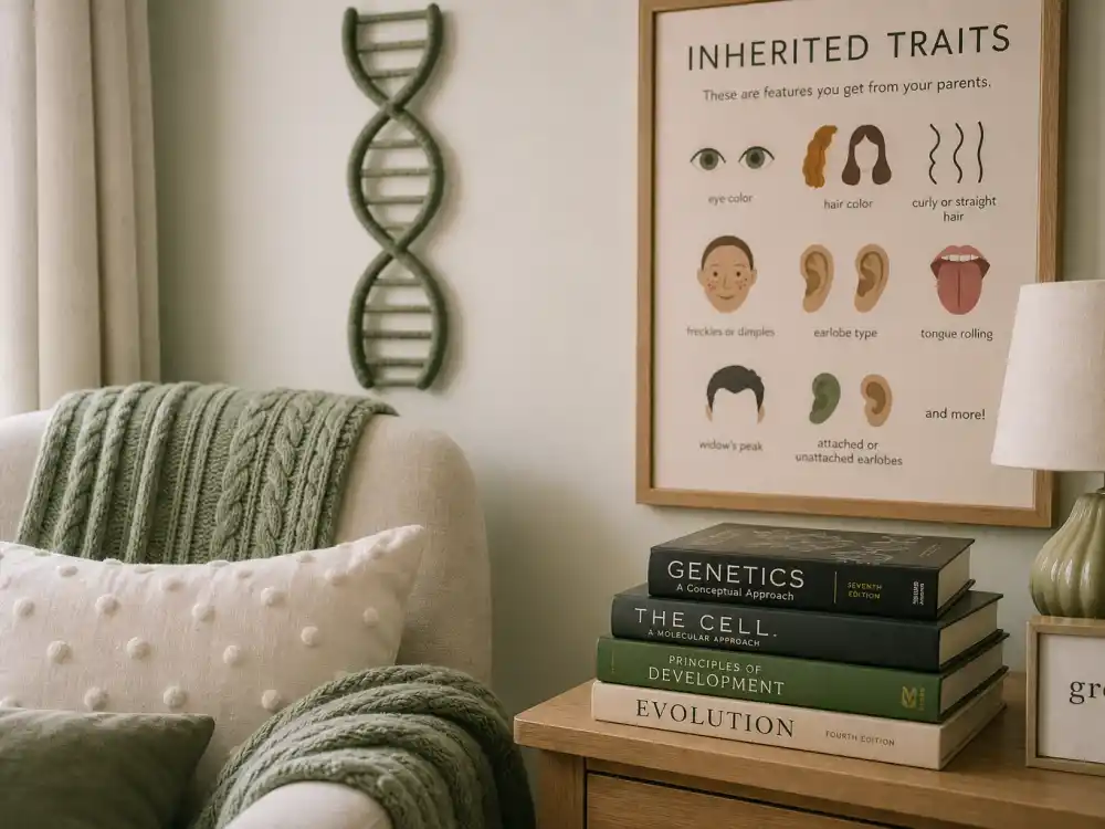 Nursery reading nook with genetics biology books and DNA wall art for celebrity kids inherited features genetics educational tone editorial