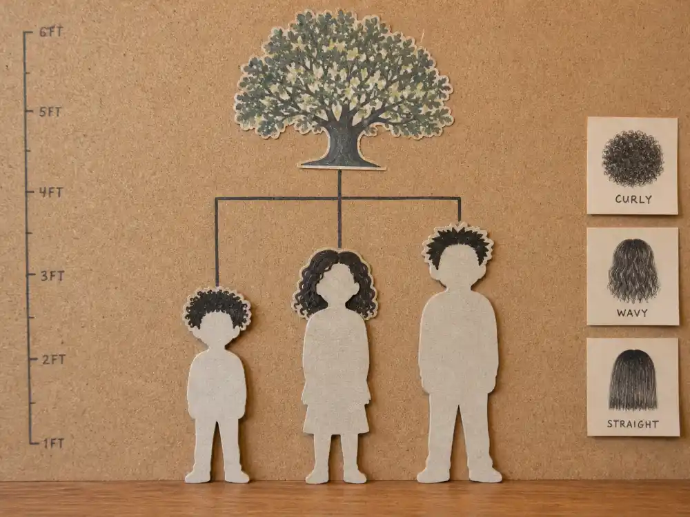 Three sibling silhouette cutouts under family tree diagram for celebrity kids inherited features genetics sibling variance chart without faces