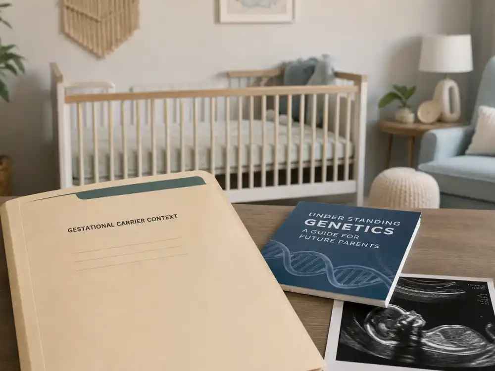 Gestational carrier context folder and genetics pamphlet on nursery desk for celebrity kids inherited features genetics surrogate DNA explainer