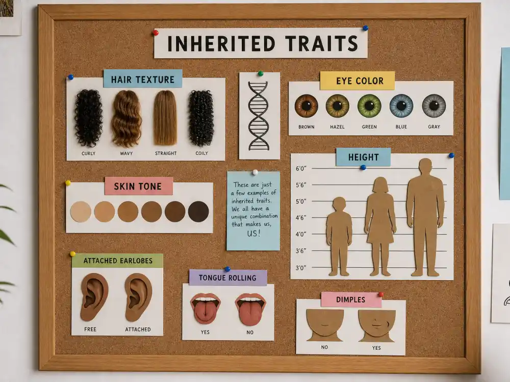 Inherited traits cork board chart with hair texture swatches and abstract silhouettes for celebrity kids inherited features genetics education