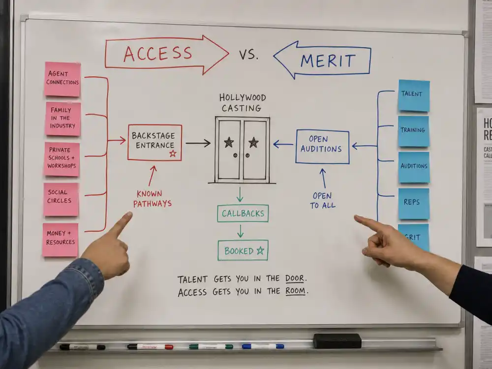 Access versus merit whiteboard diagram for celebrity kids nepotism debate explained newsroom explainer with anonymous hands pointing without faces