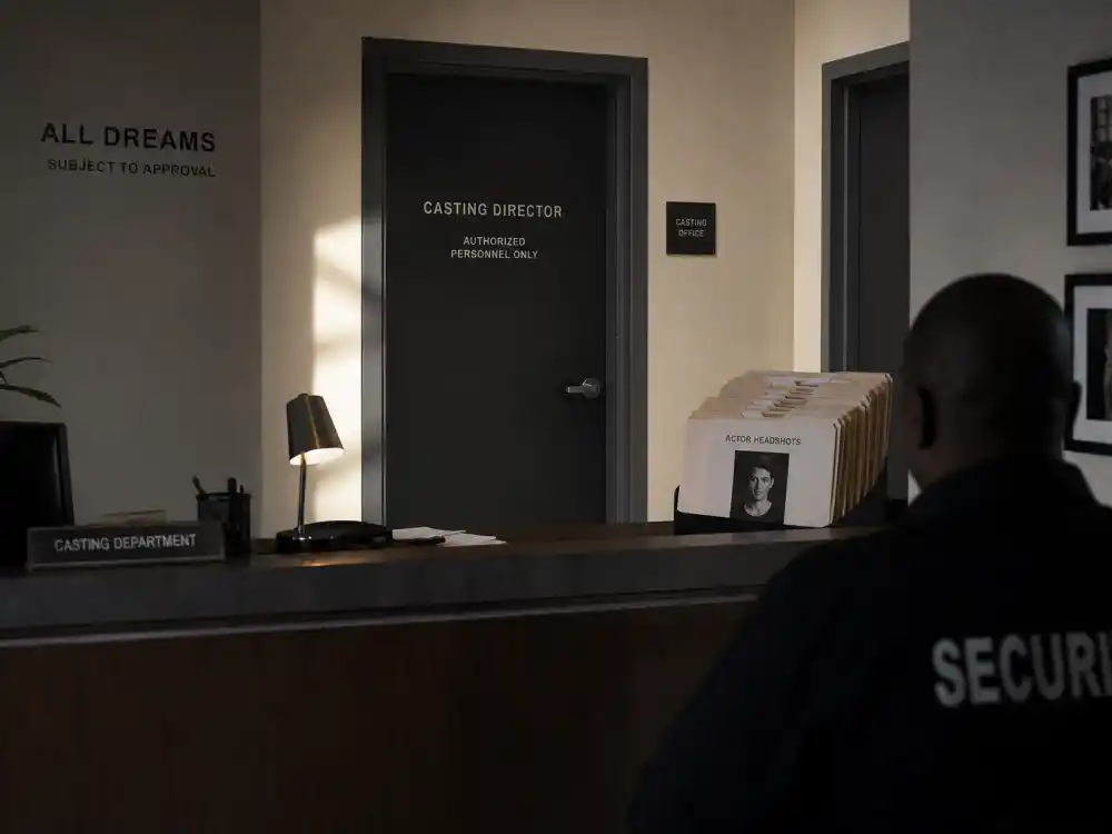 Hollywood casting office gatekeeping scene for celebrity kids nepotism debate explained closed door headshot folders editorial without celebrity faces