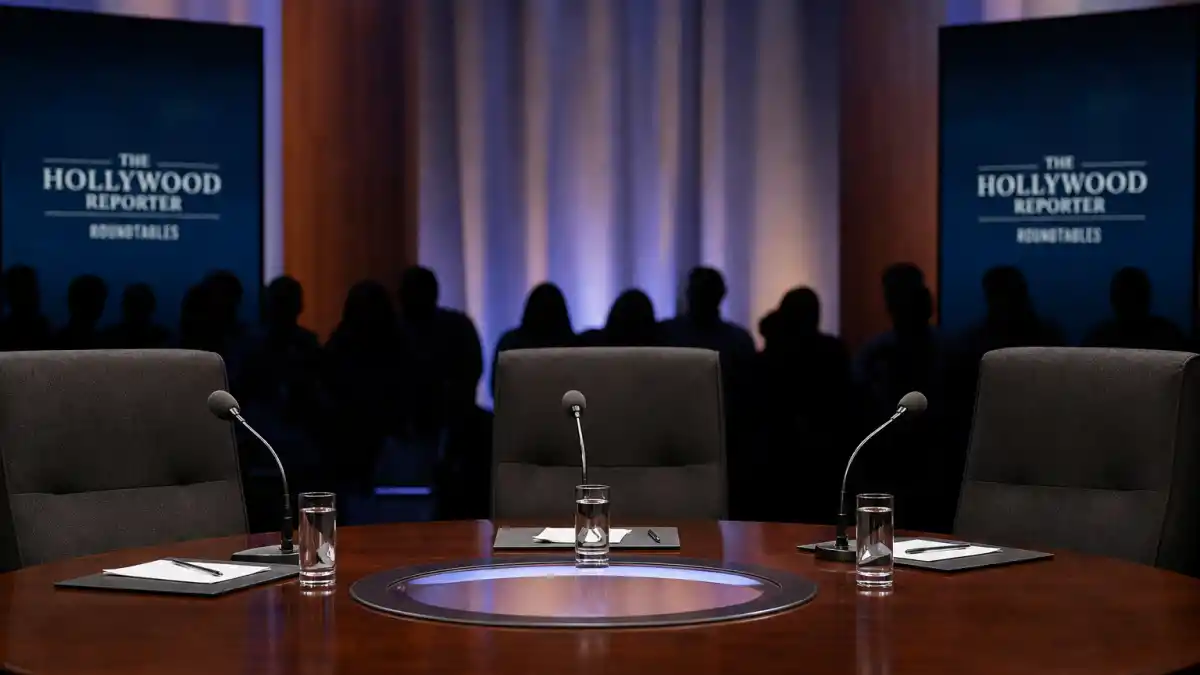 Celebrity kids nepotism debate explained — television debate panel studio with empty chairs microphones and Hollywood Reporter roundtable setup without identifiable celebrity faces